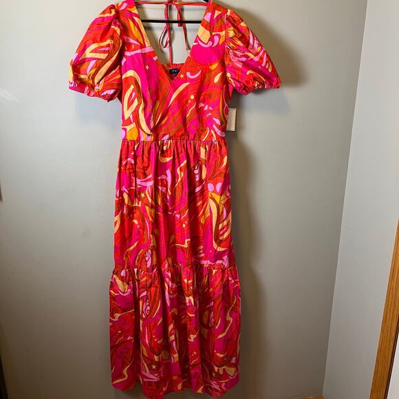 1.State Pink & Orange Puff Sleeve Tiered Maxi Dress 100% Cotton Summer Large New - Picture 2 of 7